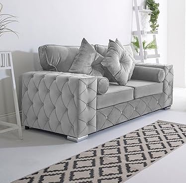 Sofahub Milton Silver Plush Velvet Sofa – Luxury Button-Tufted Ch...