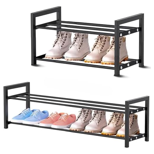 Expandable Schuhregal Schmal 2 Ebenen Adjustable Ausziehbar Klein Metall Schuhaufbewahrung 45 to 80cm, Schwarz Schuhregal Platzsparend für Diele, Flur DraußEn Outdoor Camping