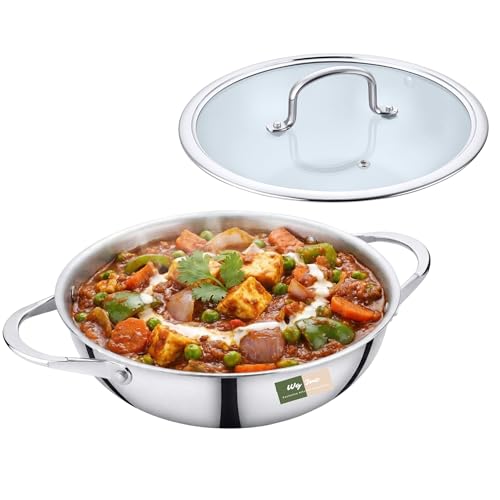WG inc Wok in acciaio inox con coperchio, tutti i rivestimenti a tre strati Kadhai, padella per friggere, stufati, salse, soffriggere profondo, pentole wok triplicate, coperchio trasparente