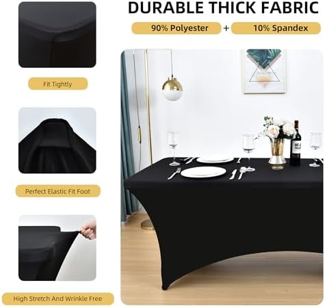 ZarzaaSik 2-Pack 6ft Black Spandex Table Covers for Rectangle Standard Folding Tables - Wrinkle Resistant Stretch Tablecloths - Ultimate Fitted Table Protector for Parties, Trade Shows, Banquet