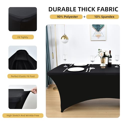 ZarzaaSik 2-Pack 6ft Black Spandex Table Covers for Rectangle Standard Folding Tables - Wrinkle Resistant Stretch Tablecloths - Ultimate Fitted Table Protector for Parties, Trade Shows, Banquet