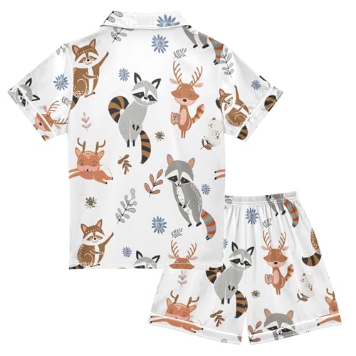 ALAZA Cute Raccoon Flower Deer Pajamas Satin Pajama Set Short Sleeve Button Down Sleepwear2
