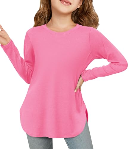 Image of Haloumoning Girls Long Sleeve T Shirts Kids Crewneck Tops 5-14 Years | Solid Color, Casual Loose Fit, Basic Tees, Curve Hem, Side Slit, Soft Tunic Tops, Fashion Clothes