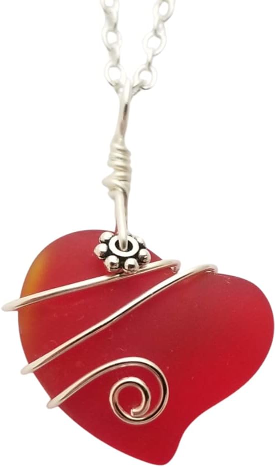 Yinahawaii Handmade Sea Glass Necklace, Wire Heart Necklace, Sea Glass Jewelry For Women Birthday Gift For Women