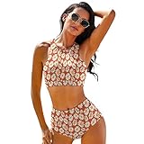 Women High Waisted Bikini Set Two Piece Swimsuit High Neck Racerback Floral Bathing Suits Orange Flower