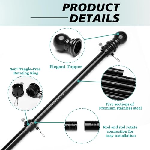 Baccessor 6 FT Flag Pole Kit, Black Tangle Free Spinning Flagpole with Carabiners and Mounting Bracket for Outdoor Residential or Mobile RV Camping Outside House, Porch, Yard, Truck, Boat - Thumbnail 3