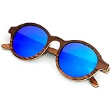 ANDWOOD Wood Sunglasses Polarized for Men Women UV Protection Wooden Sun Glasses Bamboo Shades Round Mirrored Blue Handmade