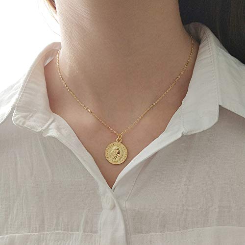 Dtja Carved Coin Pendant Necklace for Women Girls 925 Sterling Silver Simple Round Chain Goddess Worship Celebrity Medal Reversible Keepsake Chic Choker Fashion Jewelry Gifts Box4