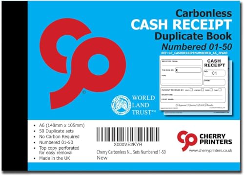 Cherry Printers - Cherry Quittungsbuch, selbstdurchschreibend, A6, 50 Sets, nummeriert von 1–50, perfekt für Selbstständige und Taxis, 4 Stück