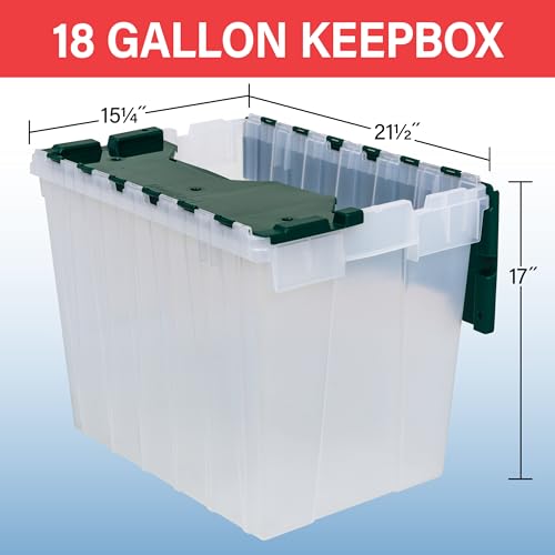 Image of Akro-Mils KeepBox 18G Storage Box, Lid Attached, Stackable, Clear /Green 3pk | 18 Gallon Plastic Storage Container, Nesting and Stackable, Clear Tote for Garages, Closets, Moving, 21 inch x 15 inch x 17 inch
