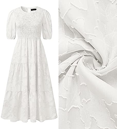 Zesica Women's 2023 Summer Short Puff Sleeve Crewneck Smocked Floral Lace Flowy A Line Tiered Midi Dresses,White,Small #TOP4