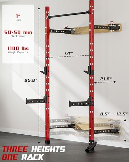 2 x 2 Folding Wall Mounted Squat Rack, 1100 Pounds Capacity Power Rack with Pull Up Bar, J Hooks and Other Attachments, Space-Saving Home Gym Package
