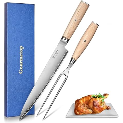 Gourmetop Sushi Knife 10'' with Carving Fork, Japanese Sashimi Knife of High-Carbon Steel AUS10, 3-Layer Superior Steel Yanagiba Knife with Premium Oak Handle Cover