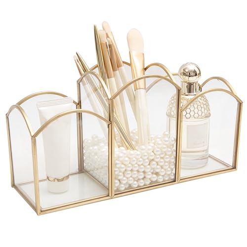 HARLIANGXY Porte-pinceaux de maquillage vintage en verre, Organiseur de pinceaux de maquillage, Organiseur de cosmétiques doré, Organiseur de maquillage, Pour coiffeuse, chambre à coucher