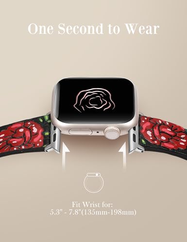 Moolia Floral Leather Band Compatible with Apple Watch Band 49/46/45/44/42mm Women, Cute Romantic Vintage Rose Pattern Strap for iWatch Series 11 10 9 8 7 6 5 4 3 2 1 SE/Ultra(1/2/3), Black/Red — view 4