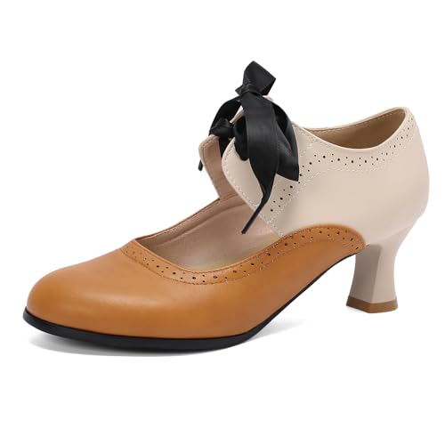 AlureAbys Women Vintage Mary Jane Shoes 50s Low Kitten Heels Round Toe Two Tone Lace up Wingtip Shoes Cut Out Women's Dress Pumps