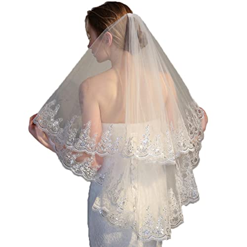 Brinote Sequins Lace Edge Wedding Veils for Brides 2-Tier Short Veil Hip Length Bridal Veils with Comb Sparkle Soft Tulle Hair Accessories for Bride (White)
