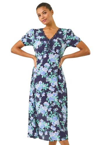 Roman Originals Tea Dress for Women UK Ladies Skater Swing Fit & Flare Flattering Summer Knee Length Frill Hem Ruched Chest Casual Smart Cocktail Party Going Out - Floral Navy - Size 16