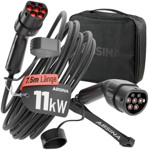 ABSINA Typ 2 Ladekabel 11kW 16A 7,5 Meter 3-phasig Mode 3 für E-Auto | 11kW Ladekabel Auto für Elektroauto & Hybrid - Kompatibel mit Model 3, e-Up, ID.3, Zoe, EQ fortwo, Kona Elekt