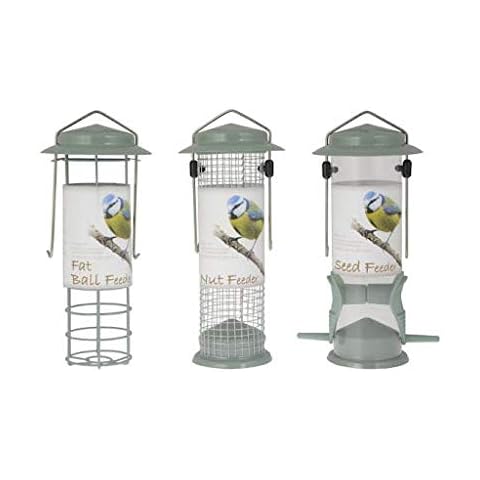 3PCS Sage Green Powder coated Heavy Duty Metal Bird Feeders Hanging Wild Garden Bird Seed , Nut and Fat ball Feeders, Hanging Feeders for Small Birds Garden Outdoors Cover