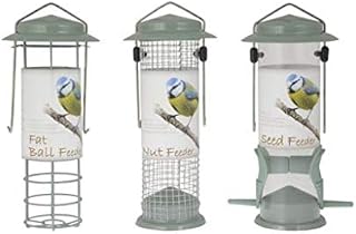 3PCS Sage Green Powder coated Heavy Duty Metal Bird Feeders Hanging Wild Garden Bird Seed, Nut and Fat ball Feeders, Hanging Feeders for Small Birds Garden Outdoors