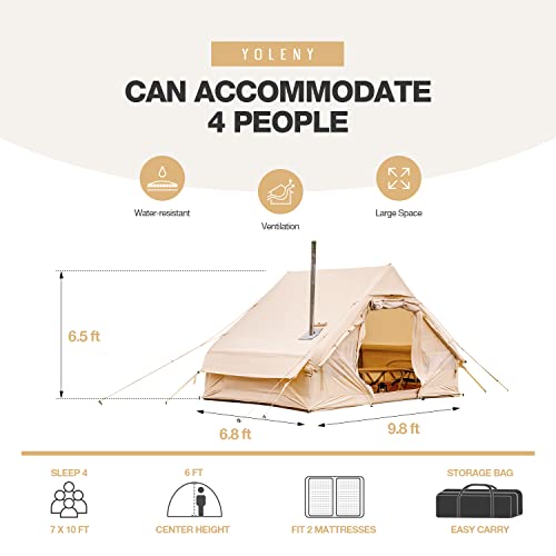 Yoleny Inflatable Camping Tent With Pump, 68 Sft Cabin Tent, 2-4 Person Glamping Tents, Easy Setup 4 Season Waterproof Windproof Outdoor Cotton Tent, With Chimney Opening, Carrying Bag #TOP3