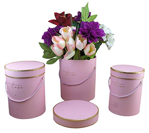 Juego de 3 cajas decorativas con tapa, diseño de ramo de flores, caja de regalo redonda, caja de regalo con cordón, color rosa