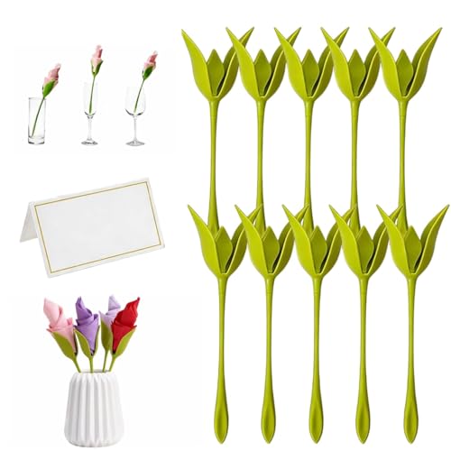 Image of Green Flower Napkin Holders Set of 4 for Dining Table, Rose Bud Serviette Rings with Reusable Plastic Stem Design, Decorative Table Accessories for Wedding Party BBQ Dinner