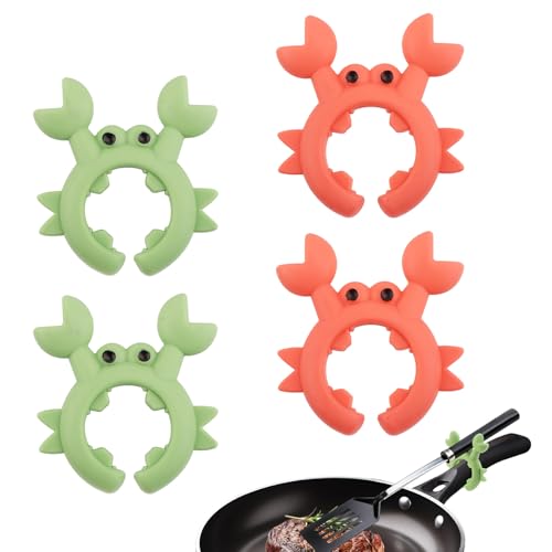Gosknor 4pcs Crab Spatula Holder, Anti-Scalding Silicone Utensil Holder Crab Utensil Rest Crab Spoon Holder Adjustable Over Spill Stopper for Kitchen Creative Crab Gift (Green, Orange)