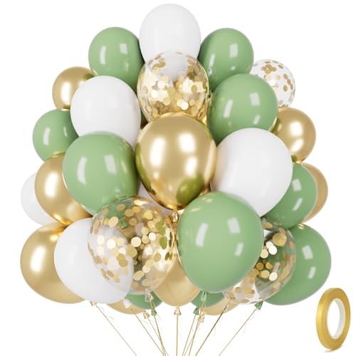 Ballons Anniversaire Vert Sauge Or,60 Pièces Ballon Gonflable,Ballon Helium,12 Pouces Premium Latex Naturel Ballons de Baudruche,pour Anniversaire Mariage...