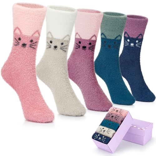 SISOSOCK Fuzzy Socks for Women Cute Cat Paw Socks 5 Pairs Women Winter Fluffy Cozy Plush Slipper Socks With Gift Box for Women Girls Gifts