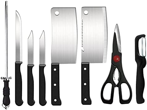HUMANITY Knife Set, Knife for Kitchen, Home - 8 Piece Knife Set Include 3 Vegetable and Fruit Knife, 2 Meat Knife, 1 Scissor, 1 Knife Sharpener and 1 Peeler (8 in 1) - Stainless Steel, Black, Silver