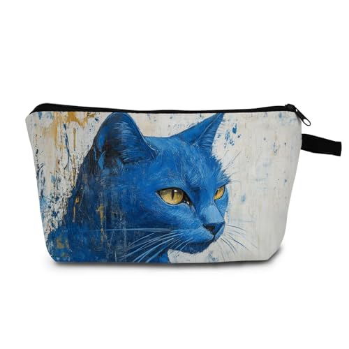 MoCaliduccious Blue Cat Makeup Bag Enchanting Feline Print Elegant Cosmetic Pouch for Cat Lovers Travel Toiletry Organizer Great Gift for Women & Teens
