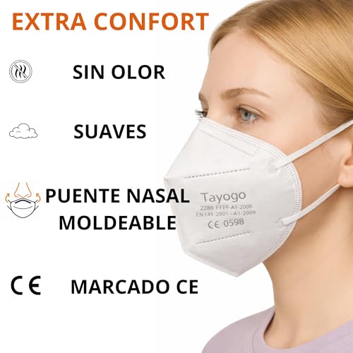 Miniatura 3 de Tayogo 50 Mascarillas Ffp2 Blancas Ce 0598 5 Capas, Filtración Hasta 99,5 Sin Válvula, Hipoalergénicas, Cómodas Y Sin Olor Mascarilla Ffp2 Blanca Con Embalaje Individual 2 Ganchos Salva Orejas