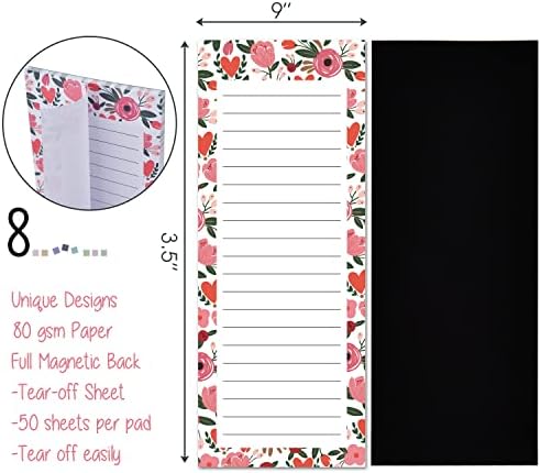 8 Pack Scandi Farmhouse Floral Magnetic Notepads 50sheets Per Pad 3.5"x9" for Fridge,Shopping List Grocery List,to do List,Memo,Remider,Note,Recipes