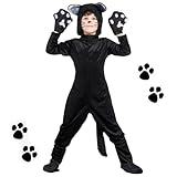 maxToonrain Black Cat Costumes for Kids 3-12 Yrs, Animal Onesie with Hood, Gloves, Foot Covers Halloween Fancy Dress for World Book Day/Book Week, Christmas Theme Party (8-10Y,Large)
