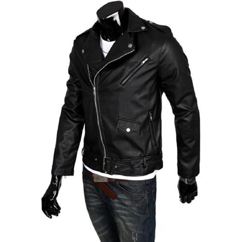 Maiyifu-GJ Men Faux Leather Motorcycle Jacket Asymmetric Zipper Slim Outwear Overcoat Retro Notched Lapel Pu Biker Coat (Black,XX-Large)4