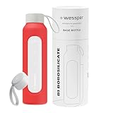Wessper Botella de Agua Cristal, Botella 500 ml Motivadora con Escala de Hidratación, Botellas de Vidrio Borosilicato con Funda de Silicona, Material Seguro sin BPA - Rojo
