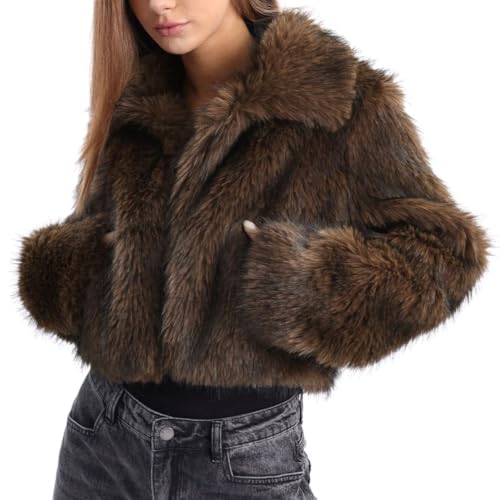 Amazhiyu Women's Faux Fur Cropped Coat Winter Open-front Long Sleeve Jackets Warm