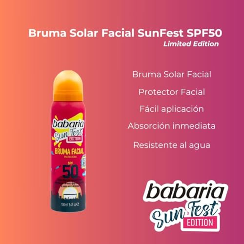 Babaria - Mgiełka do twarzy SPF 50 Edycja limitowana SunFest - 100ml | Zaawansowana ochrona przeciwsłoneczna twarzy | Natychmiastowe nawilżenie i świeżość dla wszystkich rodzajów skóry | Wodoodporny