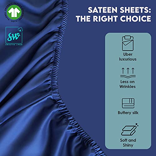 Sw Swastha Linen King Fitted Bed Sheets 100% Organic Cotton, 400 Thread Count Fits Mattress Upto 17 Inches Deep Pocket Hotel Quality Luxury Soft Bedding 1 Piece Sateen Sheet - Dark Blue #TOP2