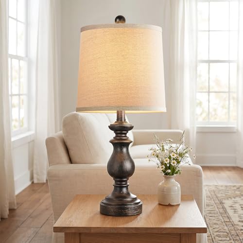 Image of PARTPHONER Traditional Table Lamp Set of 2, Rustic Farmhouse Table Lamps for Living Room Bedroom, 22 inch Bedside Desk Lamps Vintage Nightstand Lamps with Linen Shades, Oil Rubbed Bronze