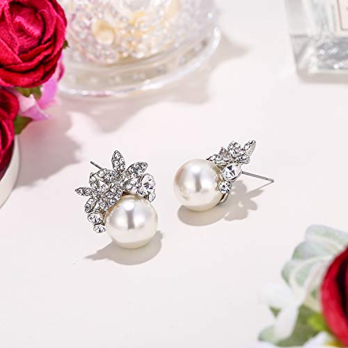Ever Faith Bridal Flower Simulated Pearl Stud Earrings Austrian Crystal Clear Silver-Tone - Pierced #TOP3