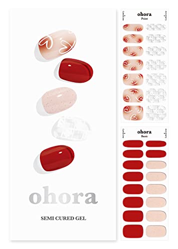 ohora Semi Cured Gel Nail Strips (N Love-Sign) - Red, Patterned, Works with Any UV/LED Nail Lamps, Salon-Quality, Long Lasting, Easy to Apply & Remove - Includes 2 Prep Pads, Nail File & Wooden Stick