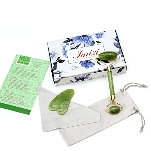 Jade Roller For Face & Gua Sha Jade Massage Tool Set | 100% Natural Jade Stone Roller | Face Roller Help Highly Potent, Anti Aging Wrinkle, Facial Massager Therapy, Clears Toxins, Reduces Puffiness