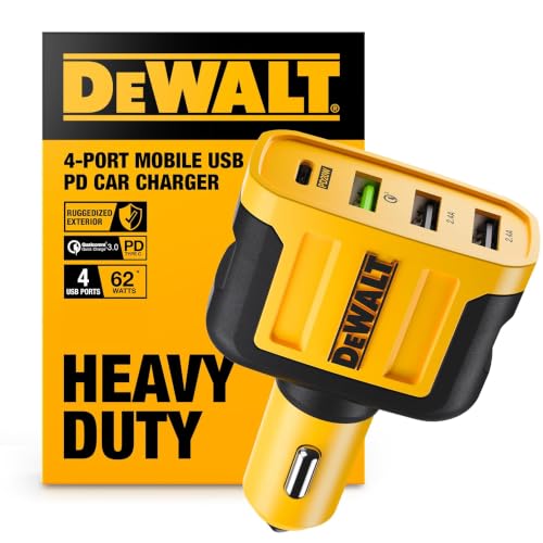 DEWALT Heavy Duty 4 Port USB C Car Charger Multiport in yellow, compact enough to sit flush in a work-truck dash