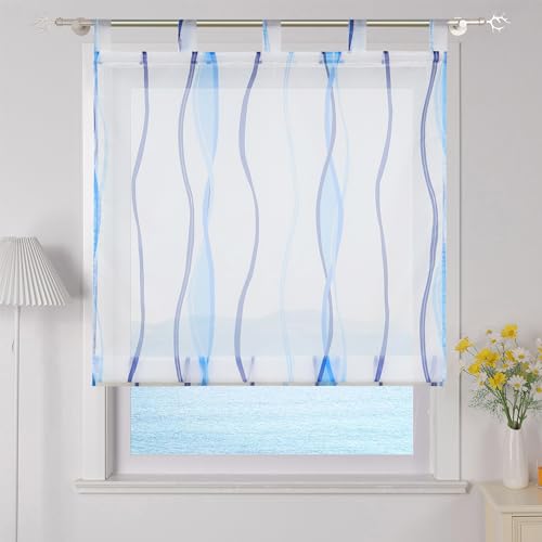 ESLIR Raffrollo mit Schlaufen Gardinen Küche Raffgardinen Transparent Schlaufenrollo Vorhänge Mit Wellen-Druck Modern Voile Blau BxH 100x140cm 1 Stück