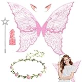 PartAwake Alas de hadas para adultos, orejas de elfo, corona de flores, accesorio para disfraz de Halloween, carnaval, ninfa, cosplay, bosque, traje de hadas (rosa)