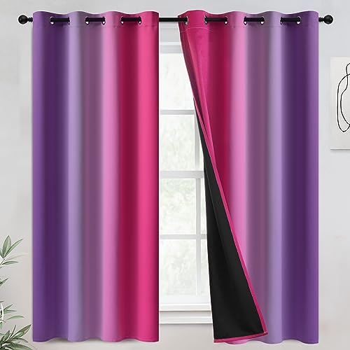 COSVIYA 100% Blackout Curtains & Drapes Pink Purple Curtains 63 inch Length