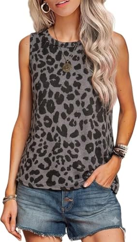 MINT PLUS PINK Women's Summer Loose Tank Sleeveless Leopard Print Pattern Crew Neck Tunic Blouse Camisole Top Leopard Charcoal Black L